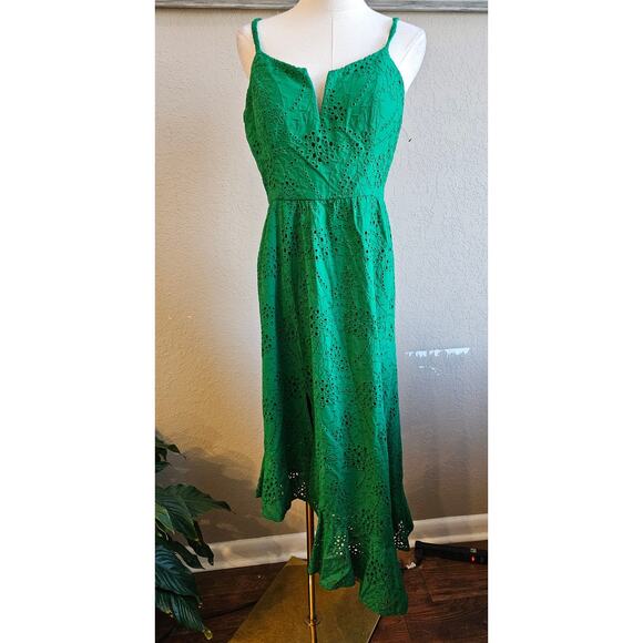 Guess Cotton Eyelet Asymmetric Midi Dress Women Size 8 Green Contemporary Party - Picture 2 of 10